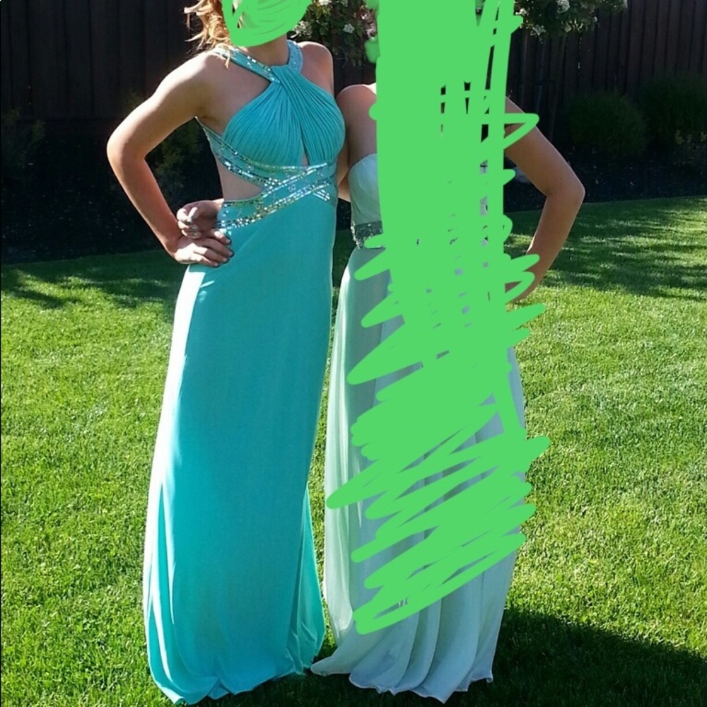 Full length turquoise prom dress